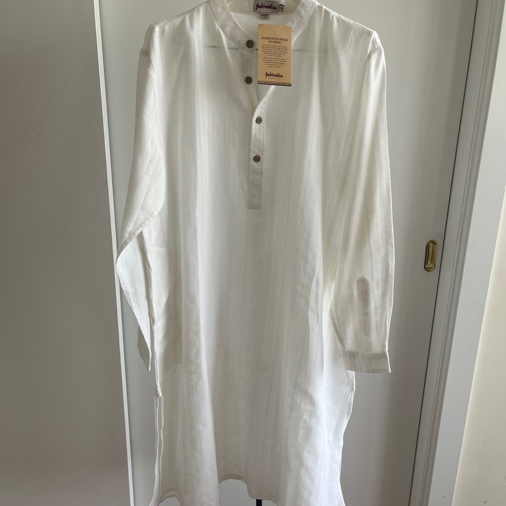 NWT FABINDIA Men's White Khadi Woven Cotton Nehru Long Kurta Medium Comfort Fit